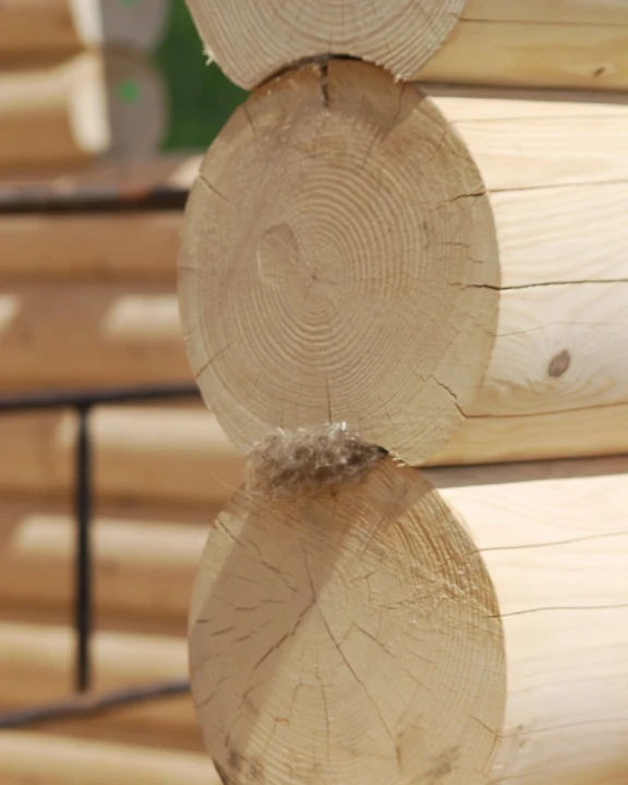 Zbliżenie na pas uszczelniający ISOLENA między okrągłymi balami w konstrukcji drewnianej